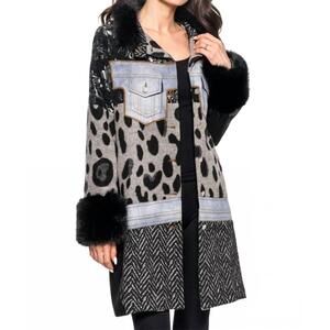 NEW ADORE mix media coat with faux fur in black/print